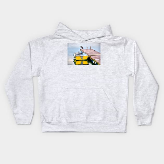 Yellow Skiff and Great Blue Herson on Lopez Island Kids Hoodie by SeaChangeDesign